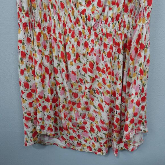French Connection UK Style Dancing Tulips Draped Neck Top Sz XL Red Beige Floral - Picture 9 of 13